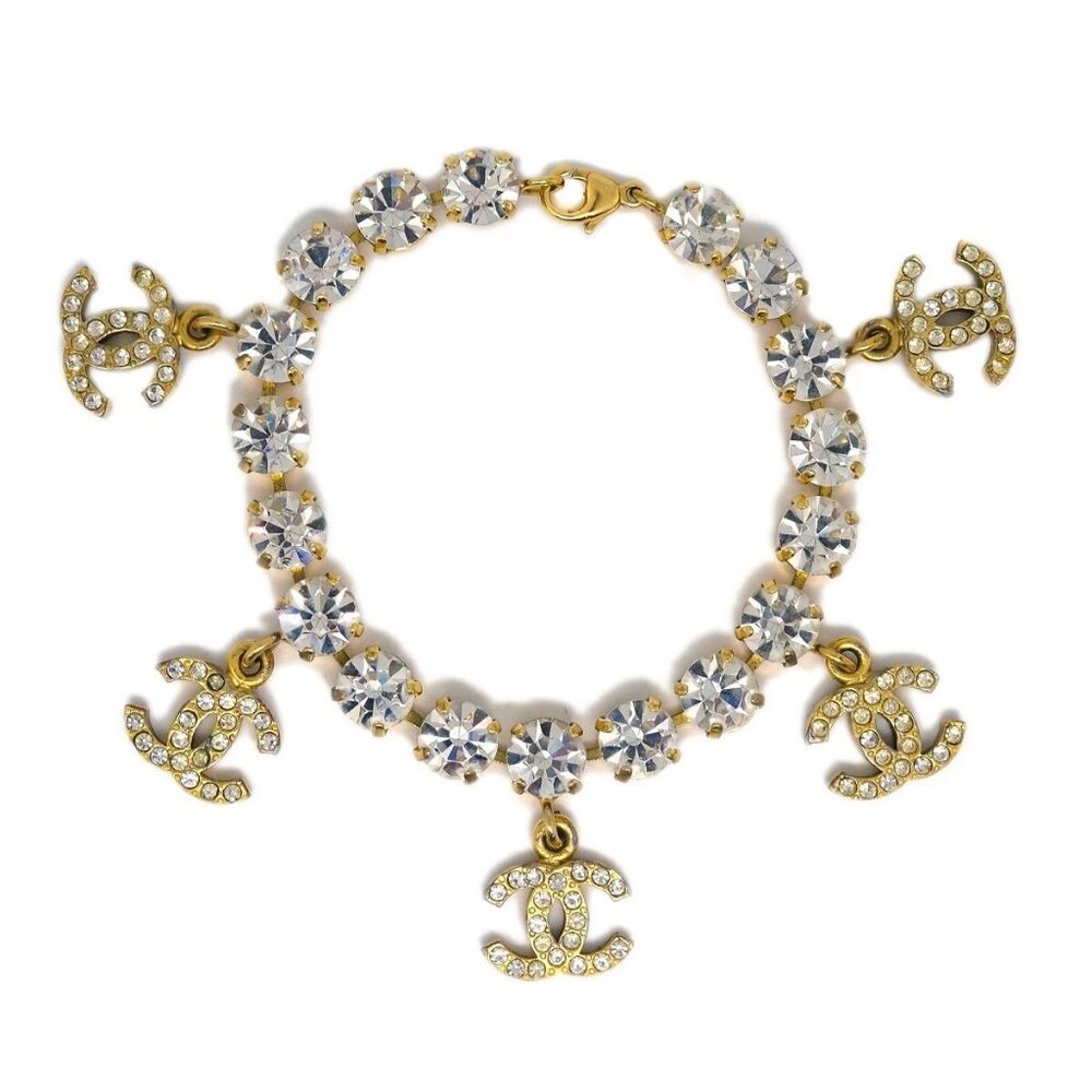 Chanel Rhinestone Chain Bracelet Gold 95P 141327